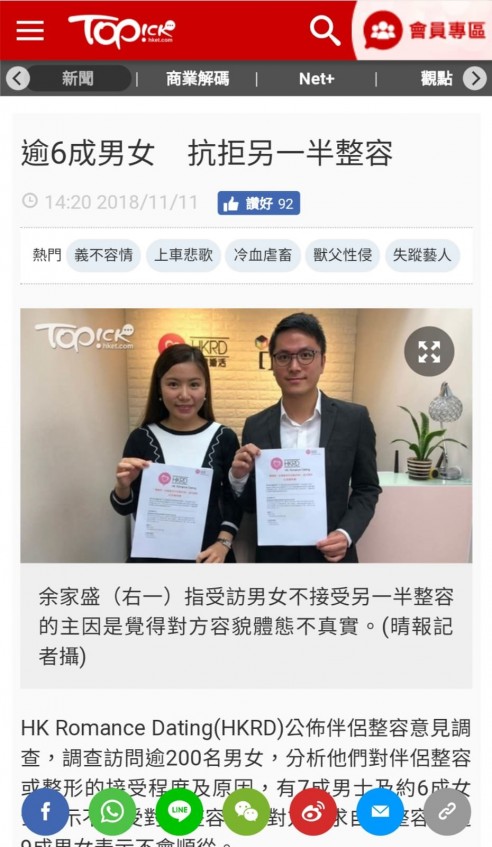 Speed Dating HKRD 媒體報導 - Topick : 逾6成男女 抗拒另一半整容 - matching、配對、約會、交友、結識異性專家